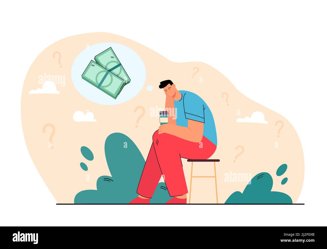 Triste fallimento pensare di problemi di denaro su tazza di caffè. Persona che ha debiti e problemi finanziari, sensazione di depressione. Illustrazione vettoriale rotta Illustrazione Vettoriale