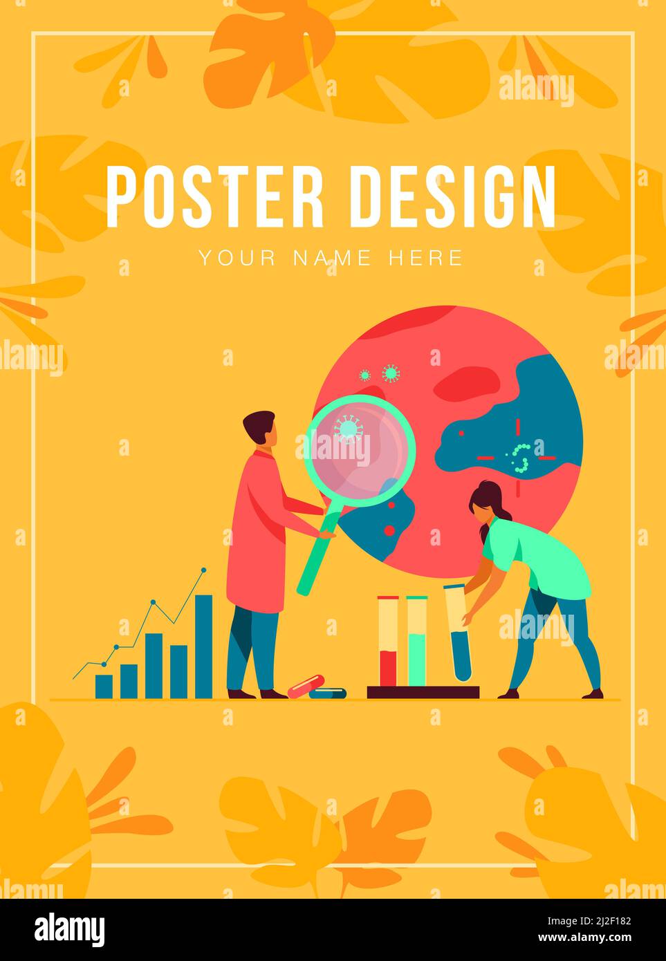 Scienziati che studiano virus in laboratorio. Medici che utilizzano l'analisi di batteri microscopici, campioni in provette di vetro, grafici. Illustrazione vettoriale piatta per ep Illustrazione Vettoriale