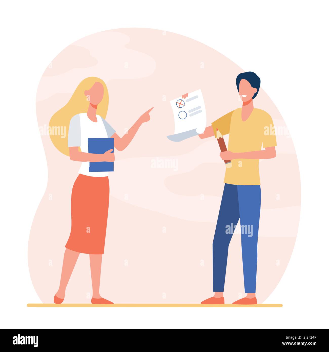 Studente che dà prova all'insegnante. Intern, tutor, examinee. Illustrazione vettoriale piatta. Istruzione, tirocinio, formazione, concetto di controllo delle conoscenze per il divieto Illustrazione Vettoriale