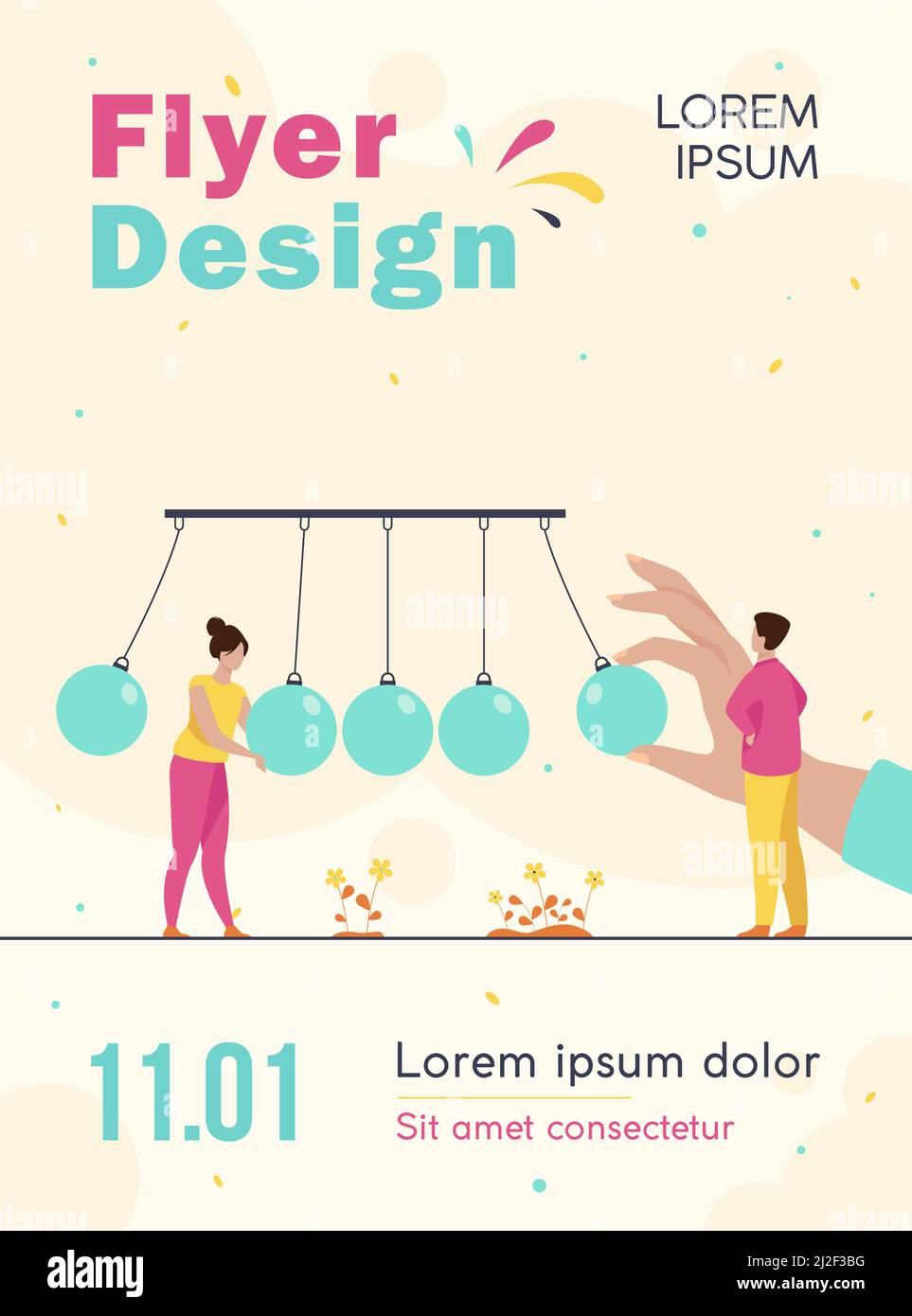 Piccole persone in piedi vicino pendolo isolato piatto vettore illustrazione. Metafora dell'impatto positivo della motivazione e del lavoro per il successo. Forza di inerzia, rhyt Illustrazione Vettoriale