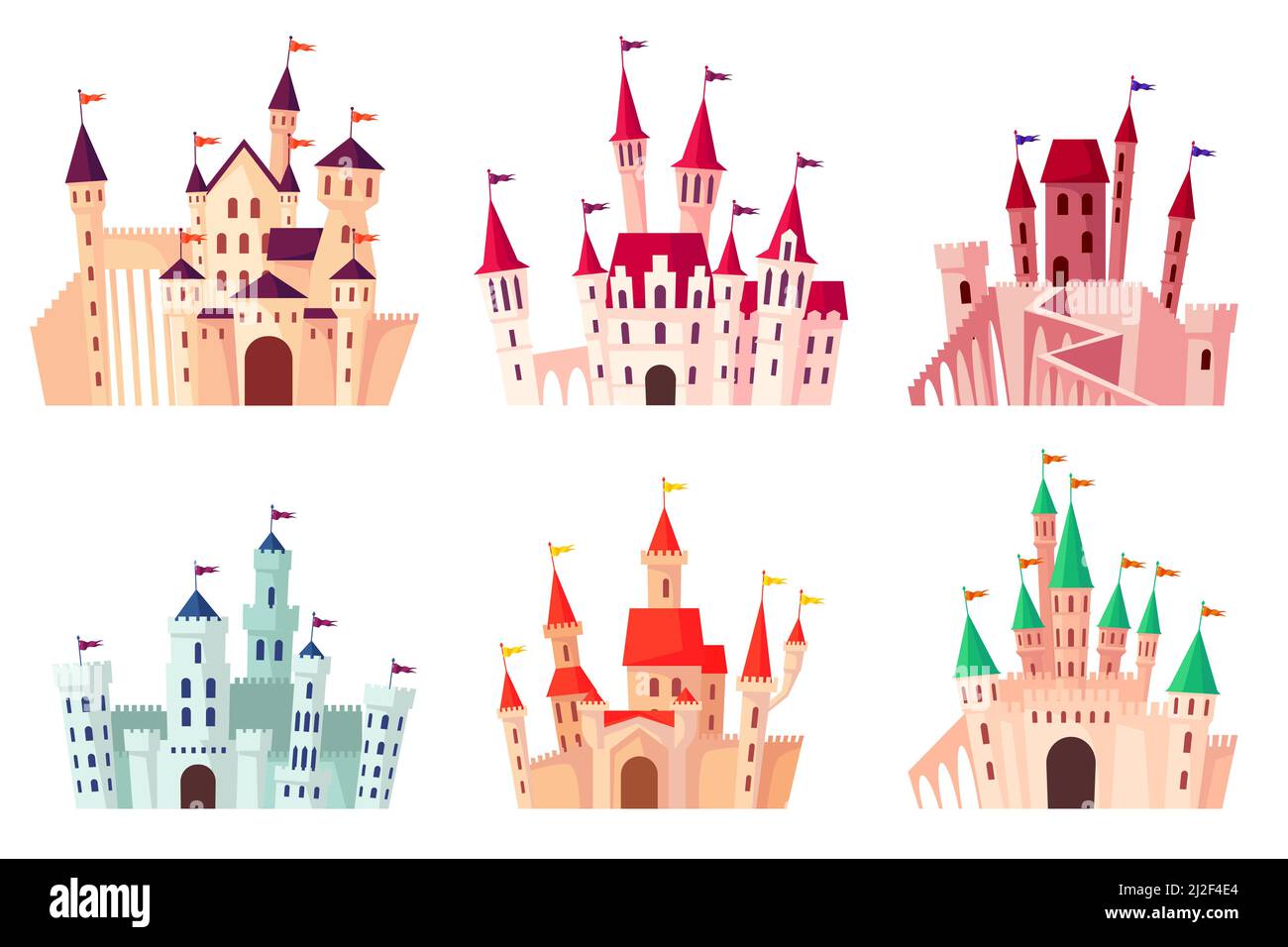 Cartoon castelli medievali illustrazione insieme vettoriale. Collezione di torri gotiche, palazzi fortificati, palazzi isolati su sfondo bianco. Fiaba, An Illustrazione Vettoriale