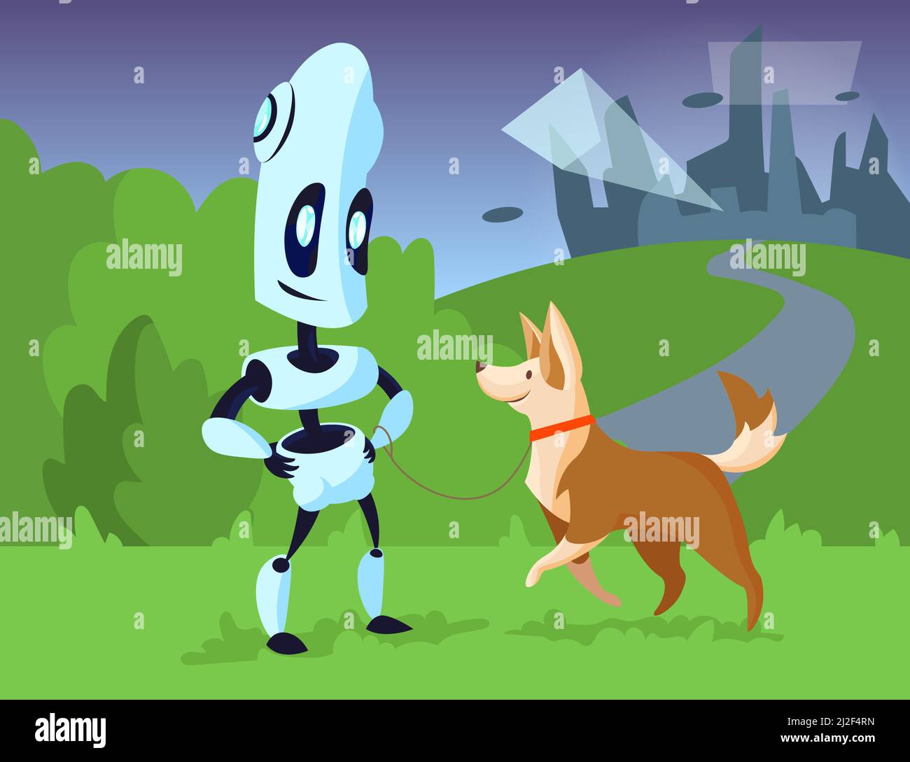 Robot cartone animato cane da passeggio in illustrazione del parco.  Carattere meccanico sorridente con felice animale domestico al guinzaglio,  silhouette di edifici alti sullo sfondo. Modalità Immagine e Vettoriale -  Alamy