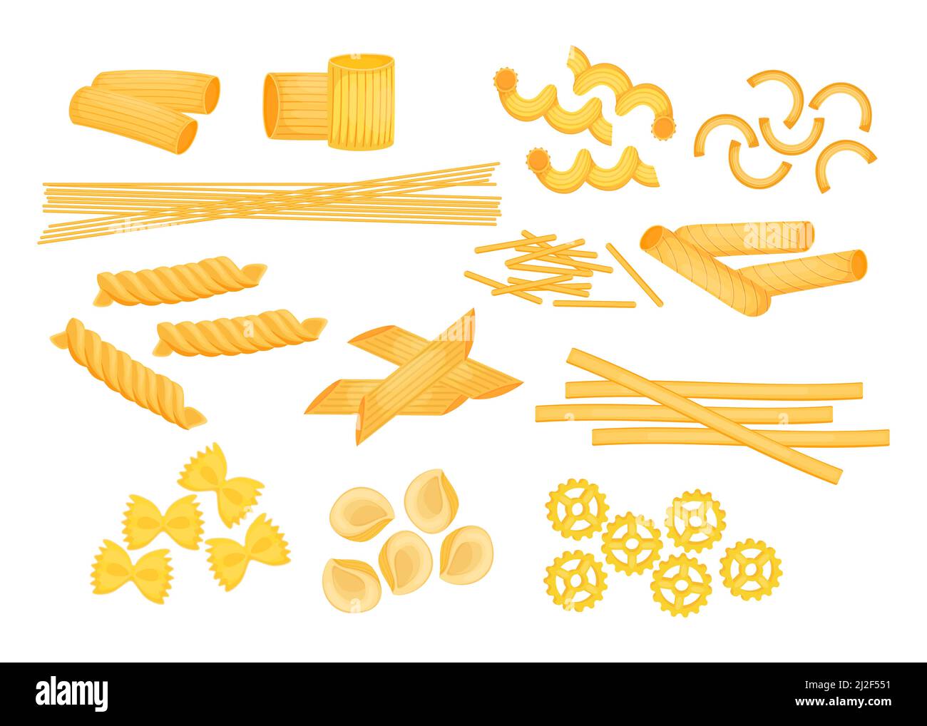 Diversi tipi di set di illustrazioni vettoriali piatte per pasta italiana. Maccheroni crudi, penne, farfalle, ziti, fusilli, spaghetti isolati su sfondo bianco. Illustrazione Vettoriale