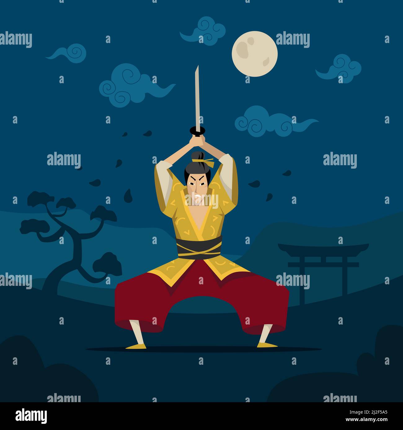 Guerriero cinese o giapponese in kimono tradizionale. Illustrazione vettoriale piatta. Cartoon personaggio maschile allenamento con la spada di notte in paesaggio backgrou Illustrazione Vettoriale