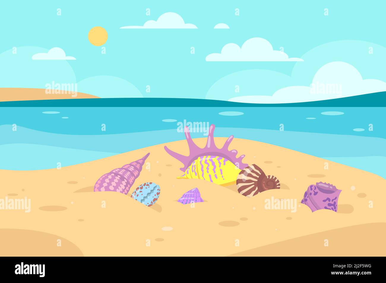 Diverse conchiglie colorate sull'illustrazione vettoriale della riva del mare. Conchiglie di varie forme in sabbia, mare o oceano, tempo soleggiato, cielo blu, nuvole. Holi Illustrazione Vettoriale