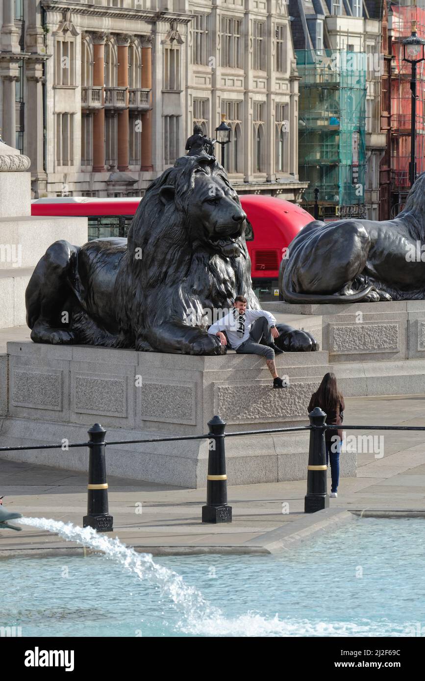 Un giovane maschio seduto e in posa tra le zampe di una delle statue del Leone in Trafalgar Square Central London England UK Foto Stock