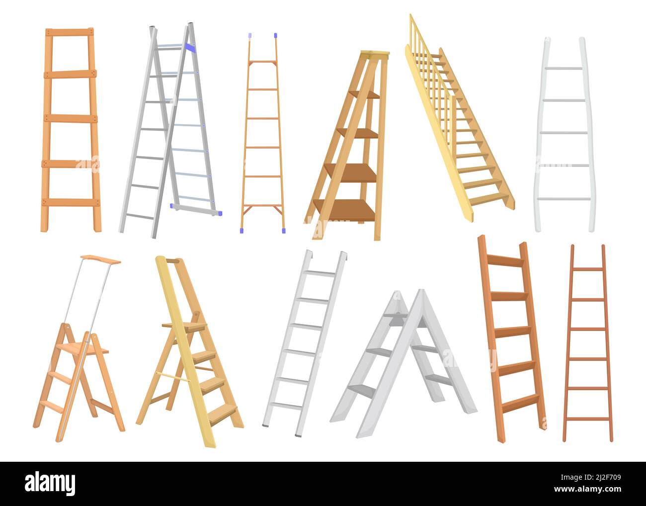 Set piatto per scale in metallo e legno Creative per web design. Cartoon diversi tipi di scale per pittori e costruttori vettore isolato illustrati Illustrazione Vettoriale