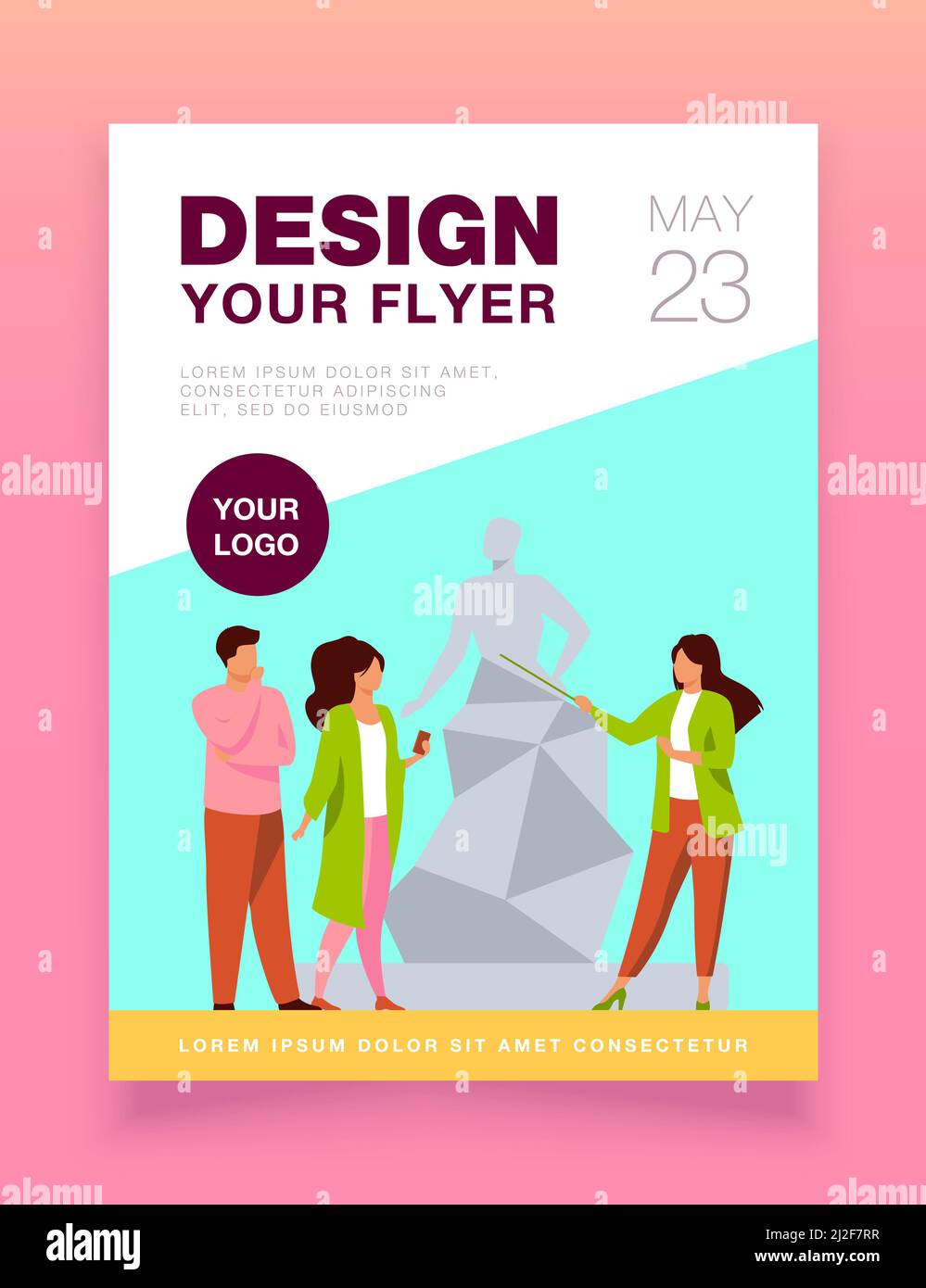 Guida che racconta la scultura ai turisti. Museo, viaggi, divertimento flat illustrazione vettoriale. Arte e intrattenimento concetto per banner, sito web design Illustrazione Vettoriale