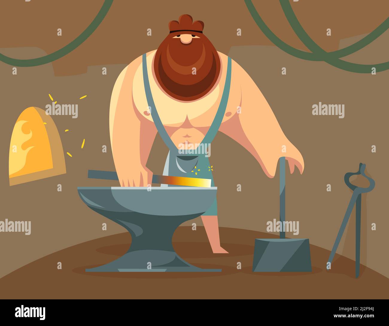 il dio greco Hefaestus forgiò il ferro nella sua incudine. Illustrazione vettoriale cartoon. Il fabbro di Dio lavora duro con il fuoco e le armi. Mitologia, Grecia, Bla Illustrazione Vettoriale
