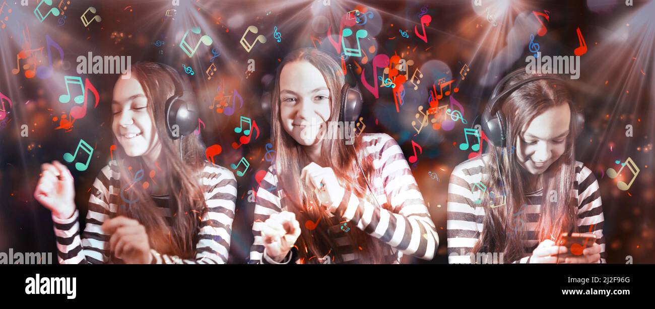 Collage con una ragazza in diverse pose Ascolta la musica in cuffie su uno sfondo con note musicali. Foto Stock