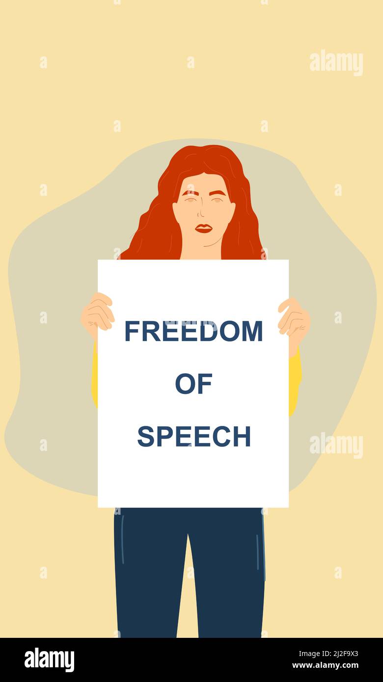 Concetto di libertà di parola. Femminismo. Un'attivista femminile che tiene un poster. Illustrazione Vettoriale