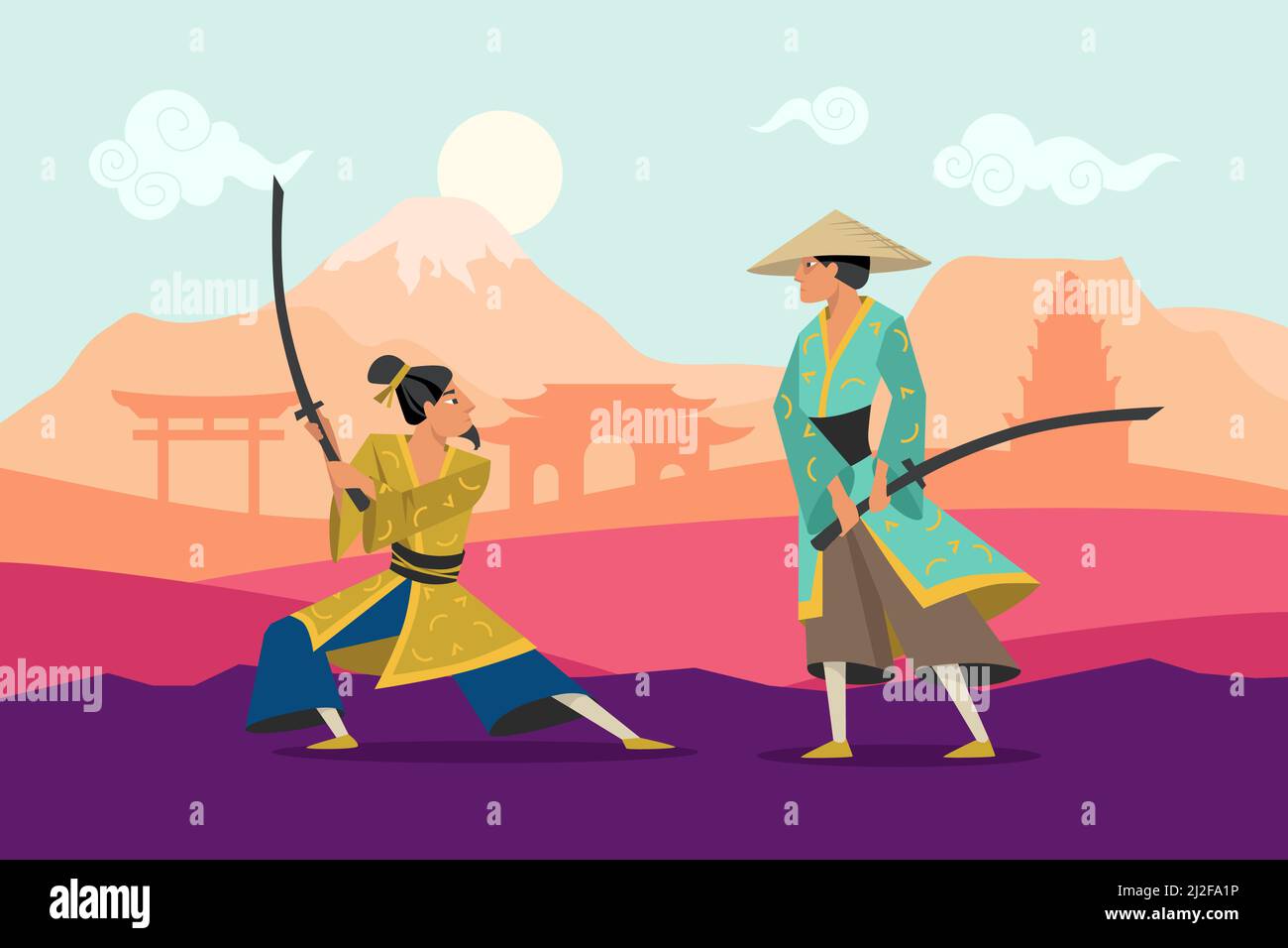 Cartoon battaglia di due guerrieri orientali in kimono. Illustrazione vettoriale piatta. Personaggi Samurai che combattono con spade in background tradizionale con Tor Illustrazione Vettoriale