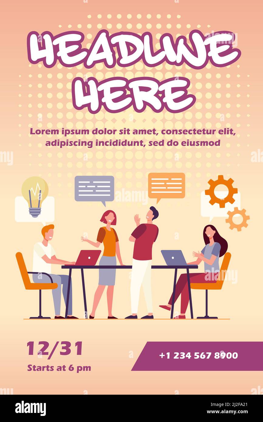 Illustrazione vettoriale piatta del processo di lavoro di pianificazione del team aziendale. I colleghi di Cartoon parlano, condividono pensieri e sorridono in ufficio aziendale. Lavoro di squadra Illustrazione Vettoriale