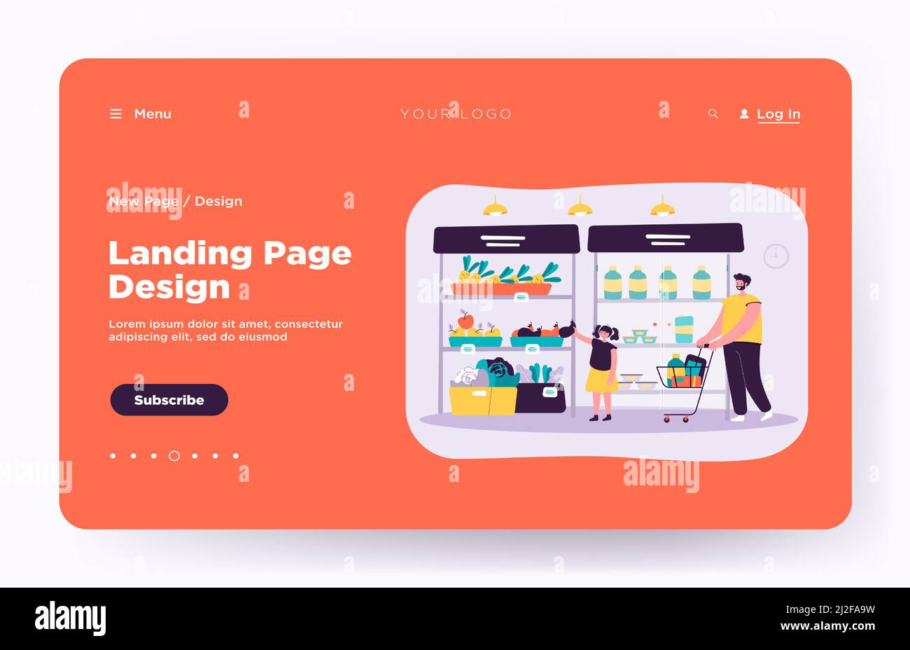 Felice padre e figlia che acquistano cibo in grafico vettoriale piatto supermercato. Cartoon papà Wheeling carrello. Ragazza che prende verdura dalla navata. G Illustrazione Vettoriale