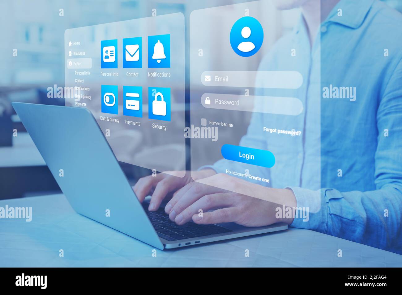 Pagina di accesso con password per accedere all'account del profilo online. Connessione sicura e sicurezza dei dati personali su internet. Sicurezza informatica e modulo di accesso. Foto Stock
