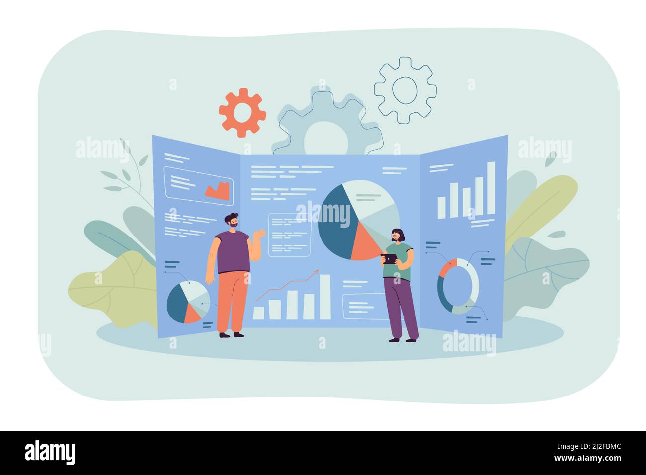 Cartoon minuscoli analisti e gigantesco dashboard di ricerca con dati. Illustrazione vettoriale piatta. Giovani che studiano strategia aziendale. Affari, analisi, r Illustrazione Vettoriale