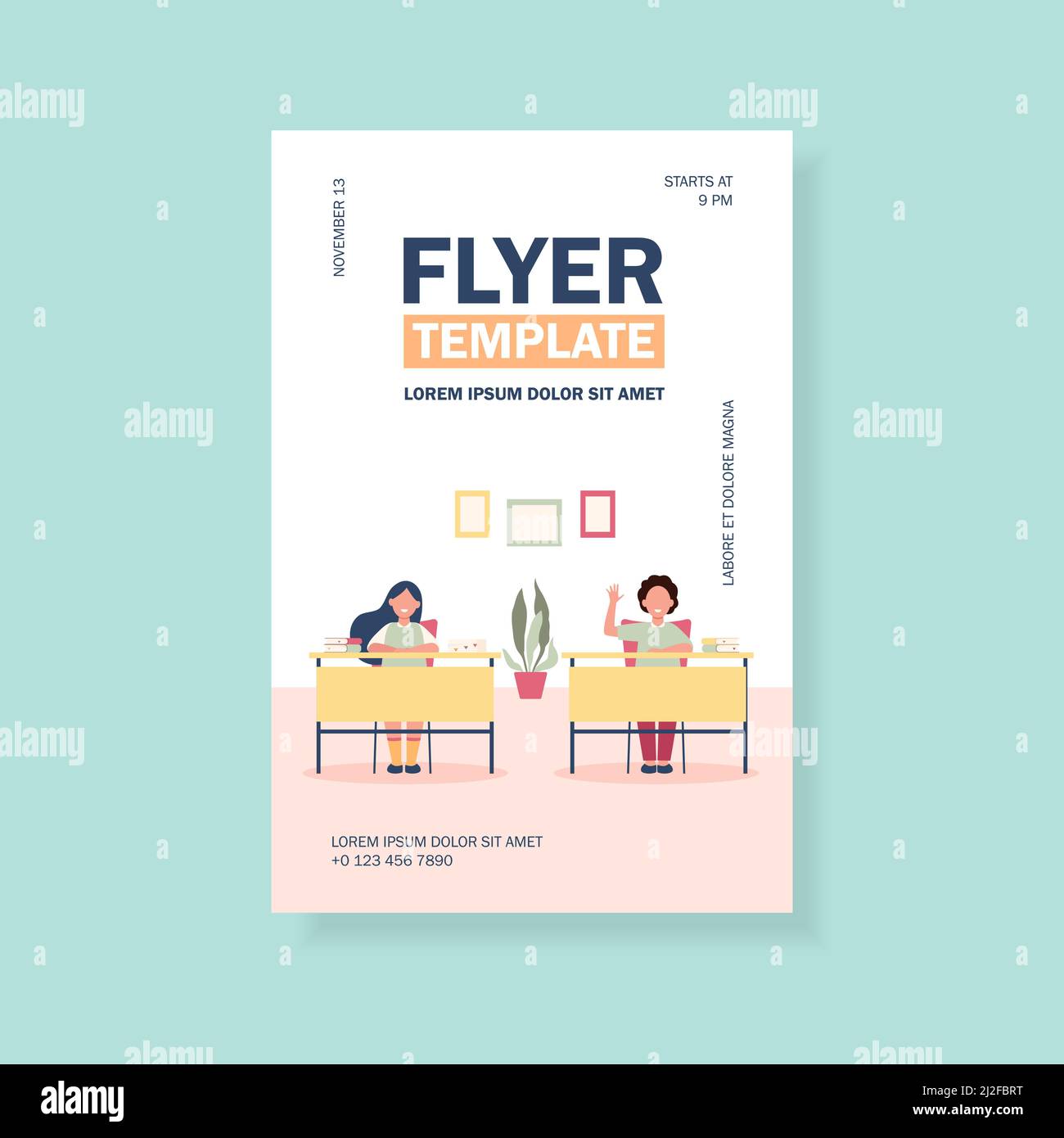 Felici alunni che studiano in classe isolato flat vettoriale illustrazione. Cartoni animati bambini personaggi seduti a tavoli in lezione di scuola. Studio, esame e. Illustrazione Vettoriale