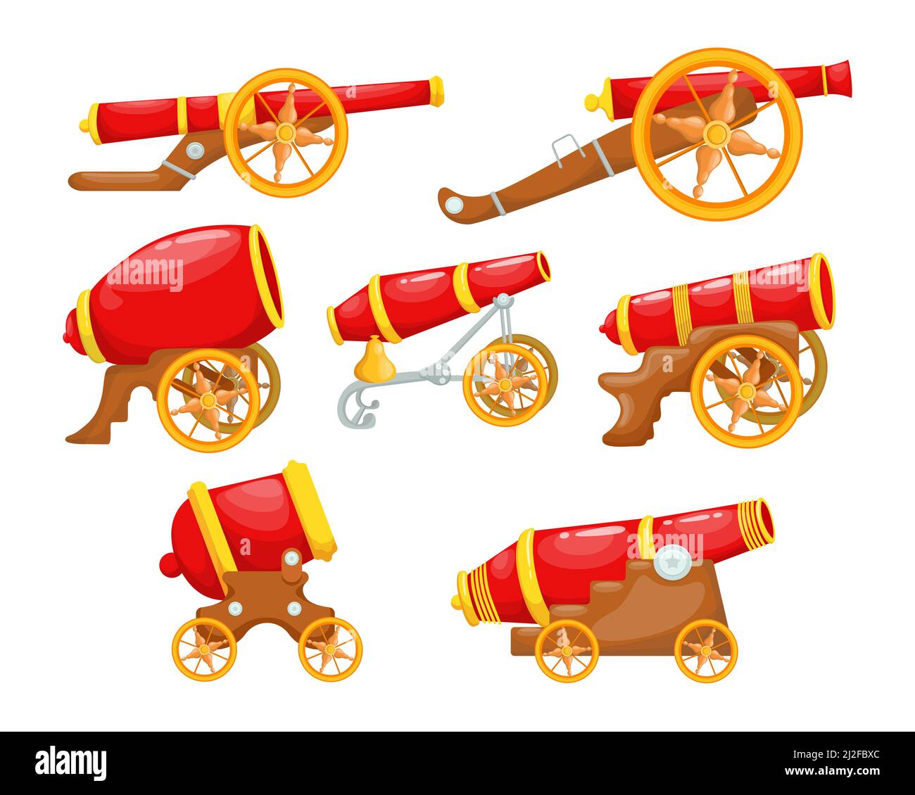 Set di cannoni rossi Cartoon. Arma vintage su rack in legno e ruote dorate per la battaglia di tiro dell'esercito medievale. Illustrazione vettoriale per storia, shi pirata Illustrazione Vettoriale