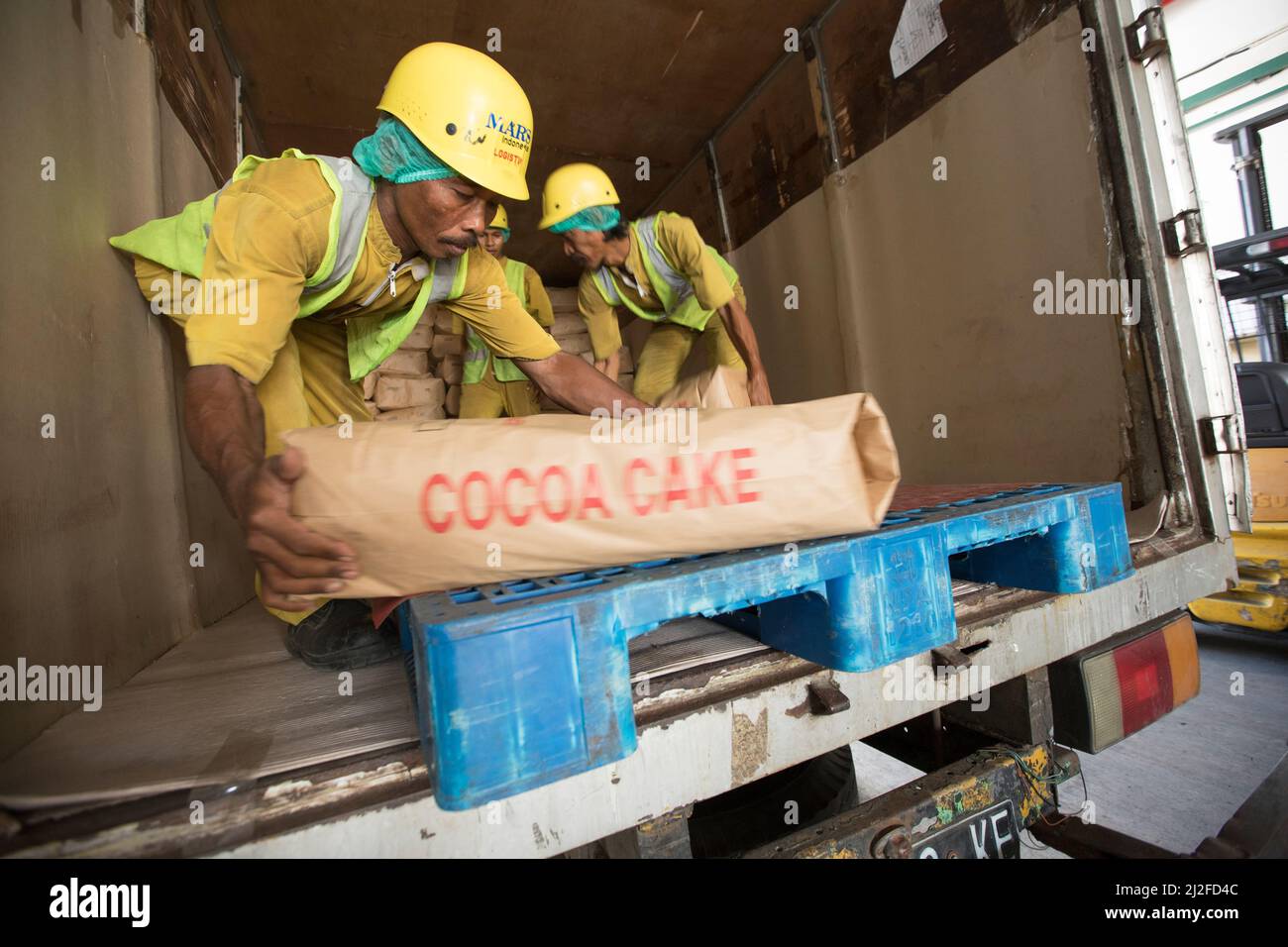 Lavoratori che scaricano torta di cacao Marte cioccolato Indonesia magazzino in Sulawesi occidentale, Indonesia, Asia. Foto Stock