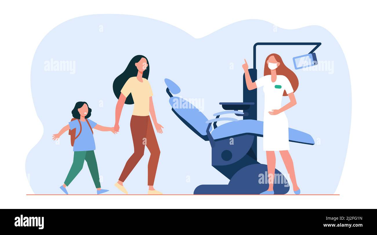 Madre e ragazza spaventa andando al dentista. Carie, dente, sedia piatta illustrazione vettoriale. Stomatologia e odontoiatria concetto per banner, sito web design o Illustrazione Vettoriale