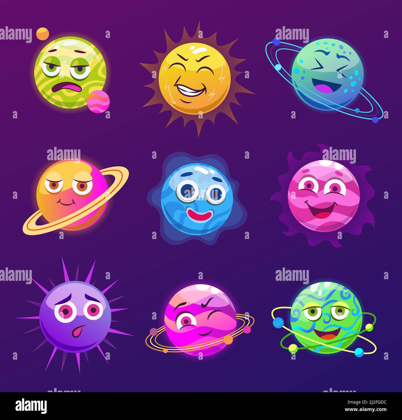 Pianeti divertenti con volti vettoriali cartoni animati set di illustrazioni. Fantasy pianeta personaggi con occhi e bocche isolati su sfondo viola. Astronomo bambini Illustrazione Vettoriale