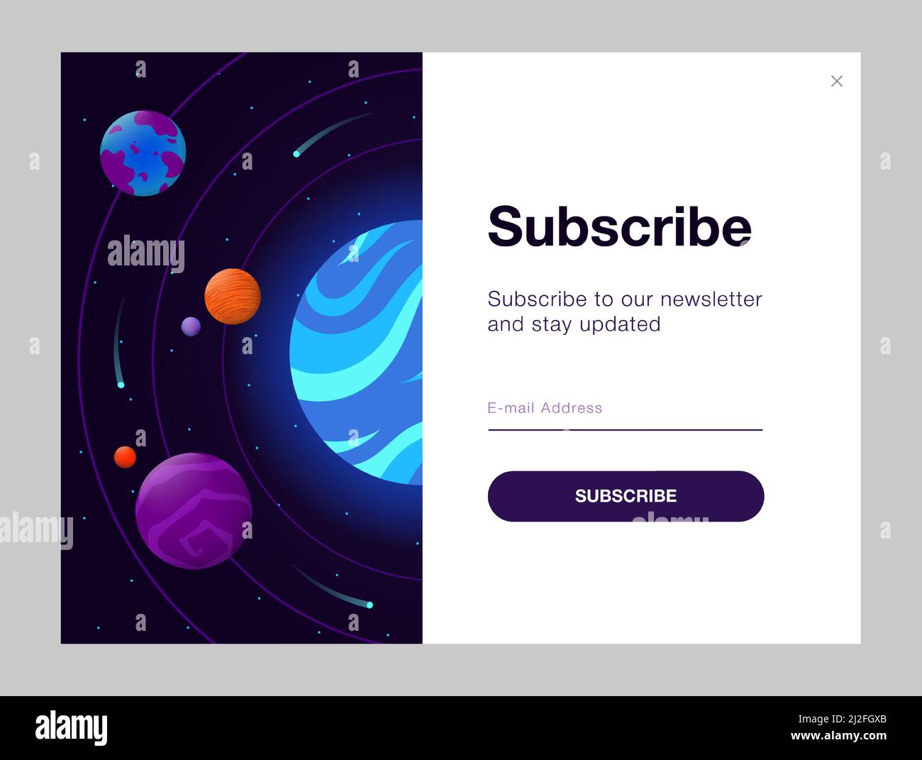 Newsletter design con spazio aperto. Sistema solare pianeti, orbite, stelle, asteroidi illustrazione vettoriale con pulsante di iscrizione, casella per indirizzo e-mail. Un Illustrazione Vettoriale