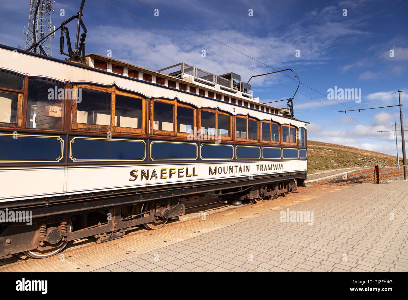 Snaefell Mountain Tramway in cima a Snaefell, Isola di Man Foto Stock