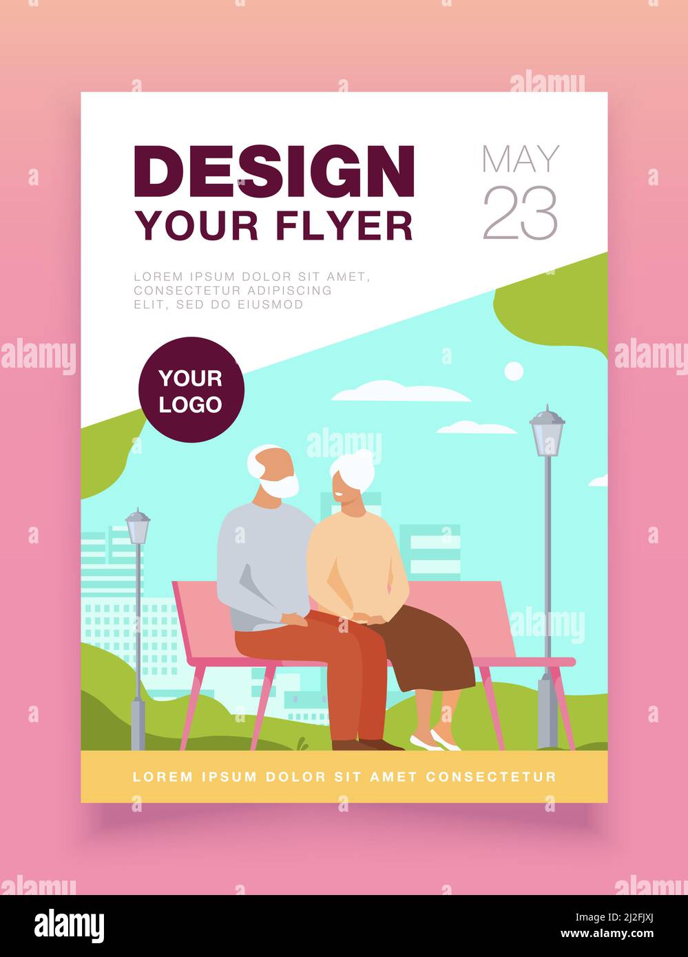 Felice coppia anziana seduta su panca in parco isolato piatto vettore illustrazione. Cartoni animati vecchi personaggi rilassarsi insieme sulla natura. Famiglia e pensionati Illustrazione Vettoriale