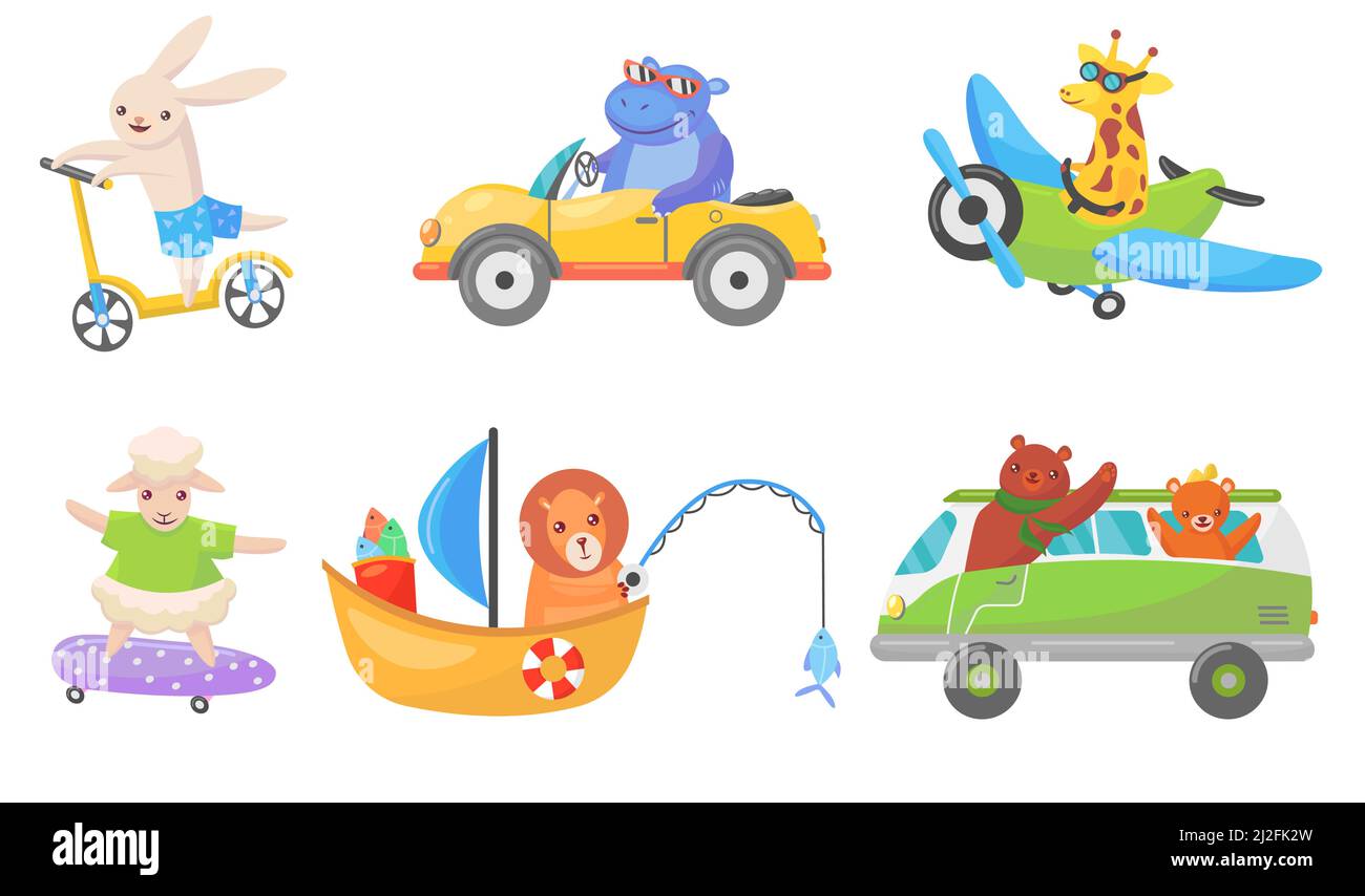 Animali divertenti su mascotte piatto di trasporto set per web design. Cartoon carino driver personaggi su barca, auto, e bici isolato vettore illustrazione raccogliere Illustrazione Vettoriale