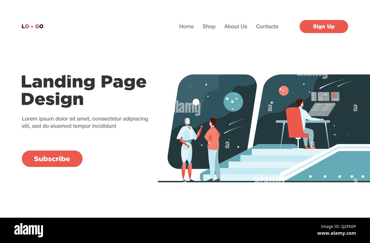 Abitacolo futuristico con equipaggio umano e robotico. Persone e robot che monitorano la galassia. Per ponte interstellare di astronave, fantascienza Illustrazione Vettoriale