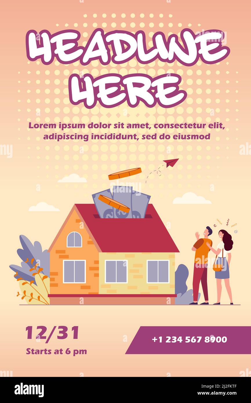 Felice coppia investendo i soldi nell'illustrazione piatta del vettore della proprietà. Cartoni animati che prendono credito bancario e casa di acquisto. Prestito ipotecario e proprietà Illustrazione Vettoriale