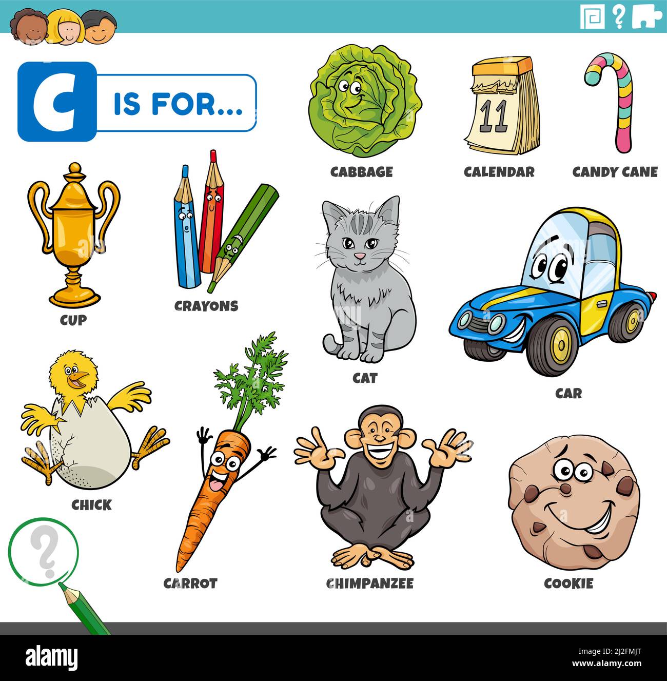 Illustrazione di fumetti e oggetti didattici che iniziano con la lettera C impostata per i bambini Illustrazione Vettoriale