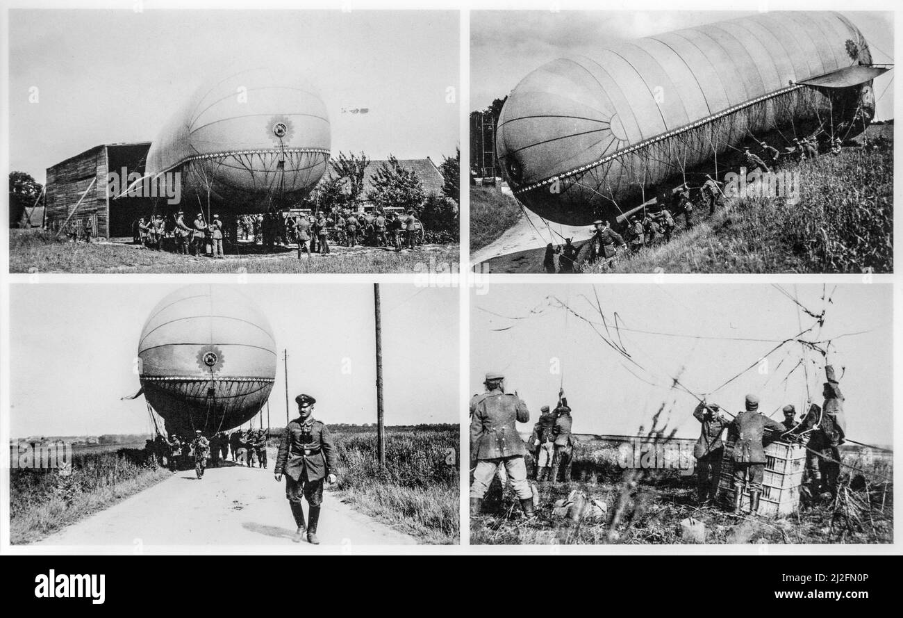 Lancio della mongolfiera tedesca Parseval-Sigsfeld Drache della prima guerra mondiale nel 1915 a Plouvain, Arras durante la prima guerra mondiale in Francia Foto Stock