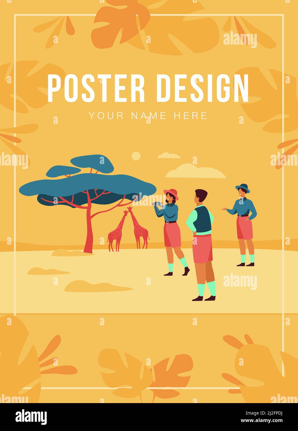 Safari turisti godere di avventura viaggio, guardare gli animali e scattare foto del paesaggio africano, la flora e la fauna. Illustrazione vettoriale per jeep a. Illustrazione Vettoriale