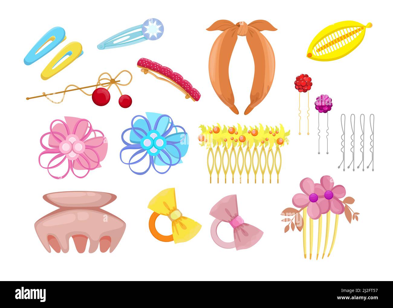 Accessori per capelli eleganti, set di illustrazioni piatto. Cartoon diverse fasce di testa, clip di plastica e cerchi con fiori isolato vettore illustrazione collec Illustrazione Vettoriale