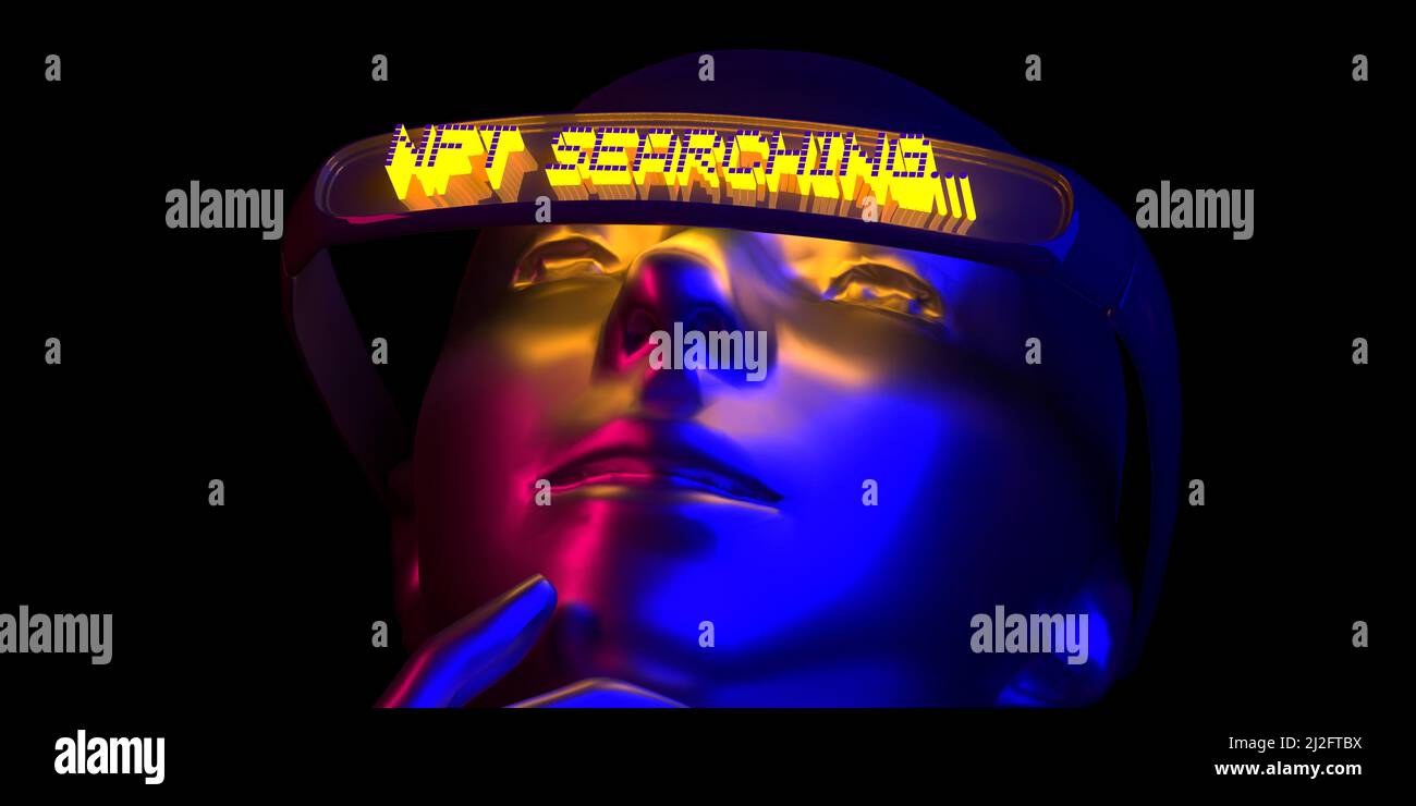 Testo DI RICERCA NFT al neon illuminato sugli occhiali del visore VR sulla testa cibernetica avatar. Non Fungial Token concetto di realtà virtuale, videogiochi, tecnologia Foto Stock