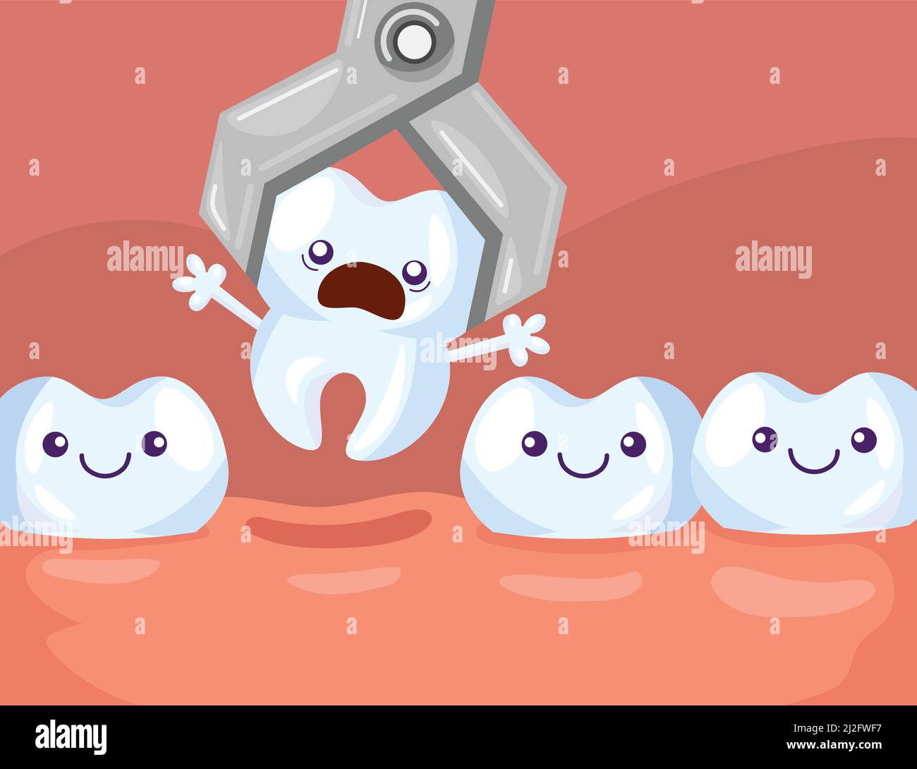 Illustrazione vettoriale del fumetto di rimozione dei denti. Pinzette dentali che tirano il dente sorpreso fuori dalla fila di denti sani felici su sfondo rosa. Cura dentale, h Illustrazione Vettoriale