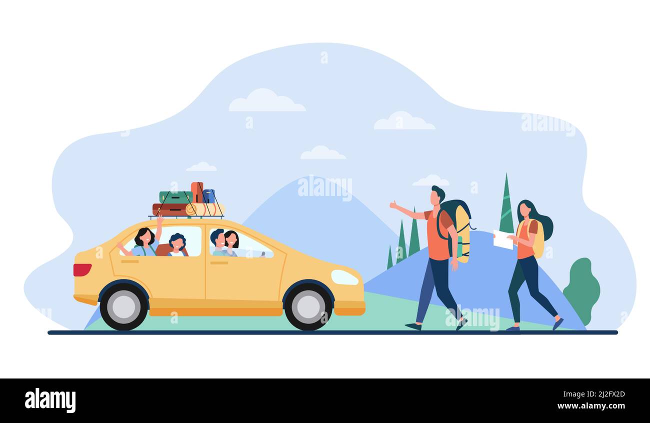 Due macchine turistiche su strada. Veicolo, natura, illustrazione vettoriale piatta zaino. Hitchhiking e concetto di viaggio per banner, sito web design o. Illustrazione Vettoriale