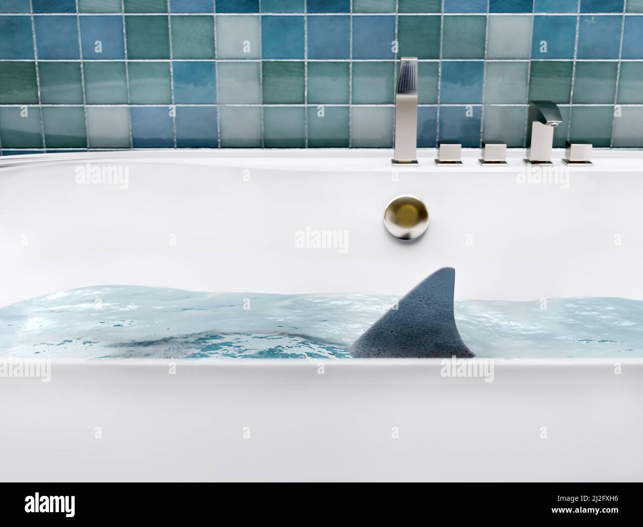 3D rendering dello squalo sommerso in acqua di buthtub con la pinna che sporge sopra la superficie dell'acqua Foto Stock