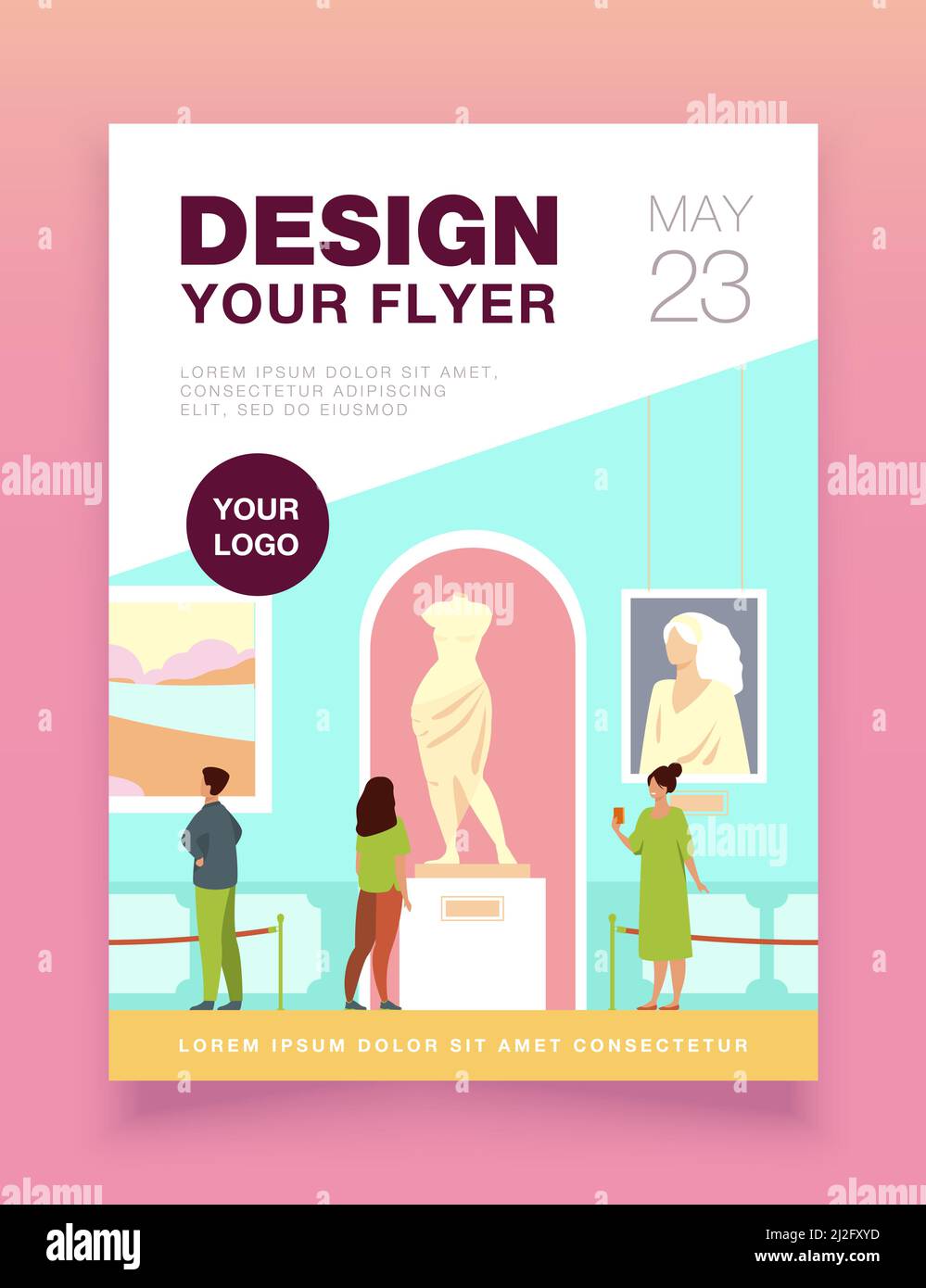 I visitatori del museo camminano nella galleria d'arte. Turisti che amano l'esposizione, ammirando le opere d'arte in mostra. Illustrazione vettoriale per escursioni, persone e c Illustrazione Vettoriale