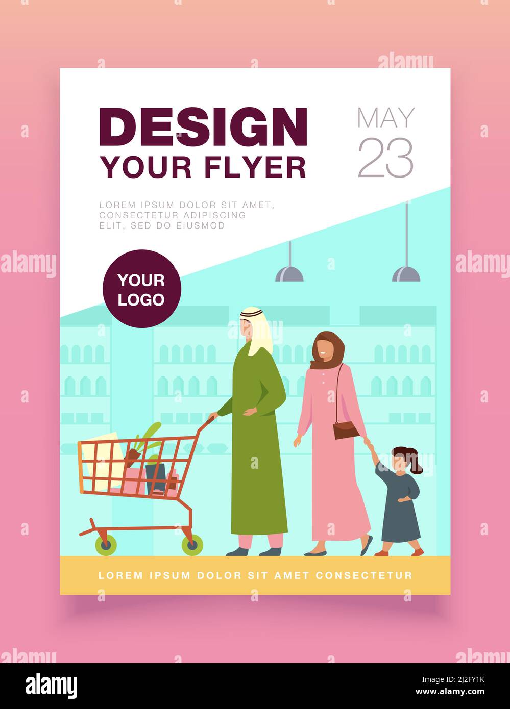 Famiglia musulmana che acquista cibo nel supermercato. Personaggi arabi cartoni animati Wheeling carrello della spesa nel negozio di alimentari. Illustrazione vettoriale per la vendita al dettaglio, lo stile di vita, Illustrazione Vettoriale