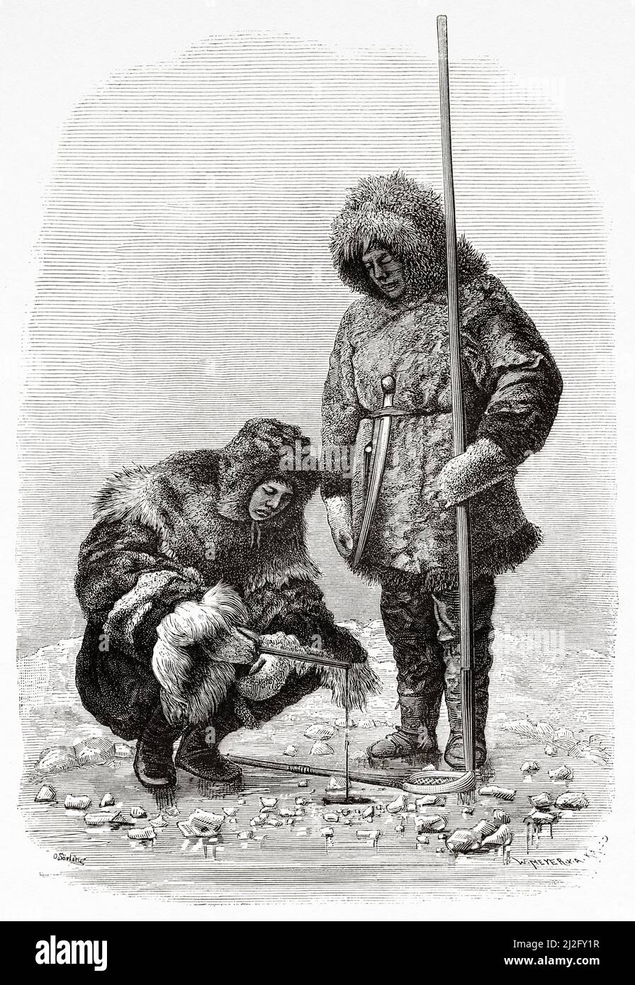 La gente di Chukchi pesca attraverso un buco nel ghiaccio. Artico, Russia. Il viaggio di la Vega attraverso l'Asia e l'Europa di Adolf Erik Nordenskiold 1879-1880, le Tour du Monde 1882 Foto Stock