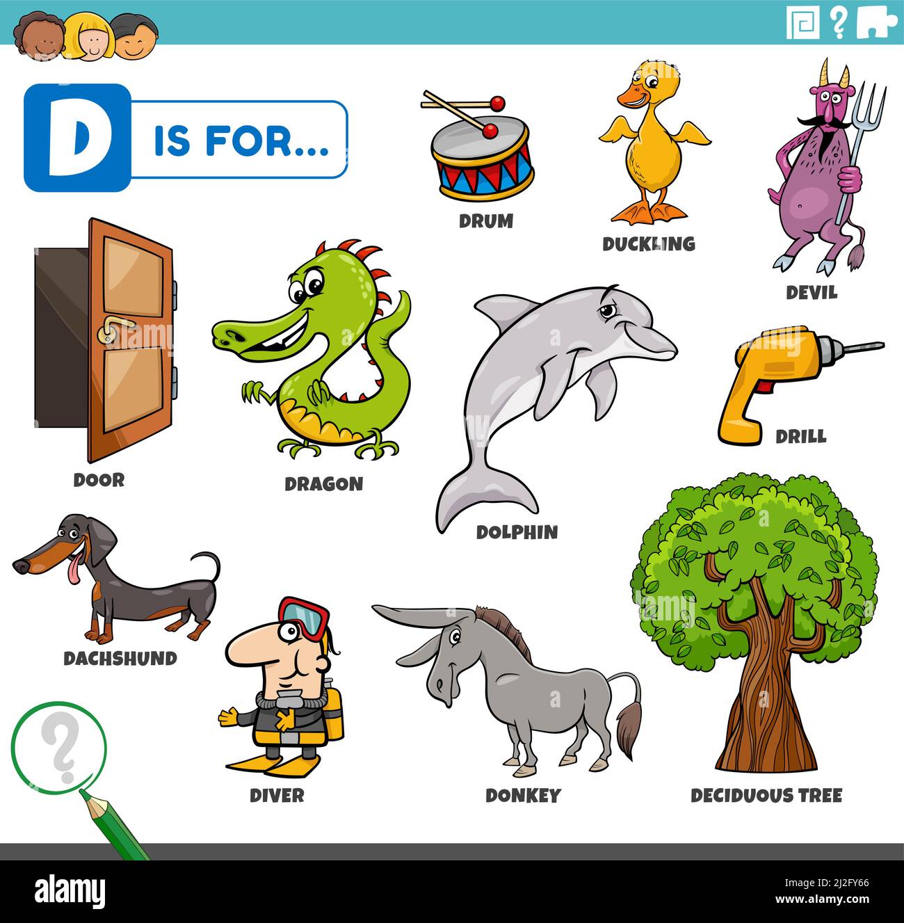 Illustrazione di fumetti e oggetti didattici che iniziano con la lettera D  impostata per i bambini Immagine e Vettoriale - Alamy