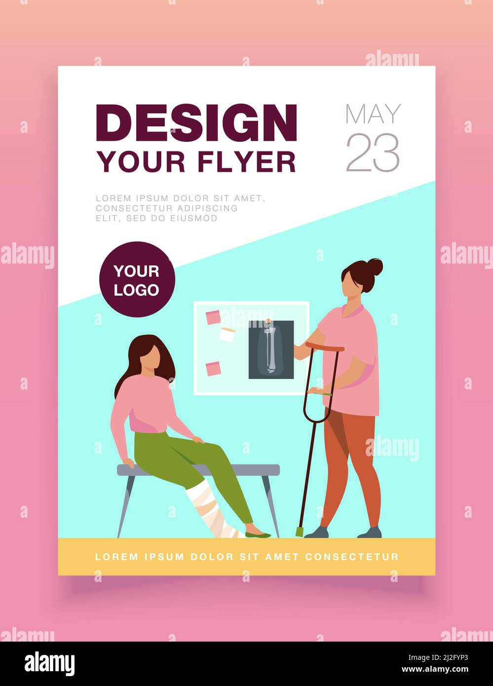 Donna con ferita gamba rotta in calco di gesso seduta in ufficio medico, prendendo raggi X e crutch. Illustrazione vettoriale per trauma, ospedale, trattamento, Illustrazione Vettoriale