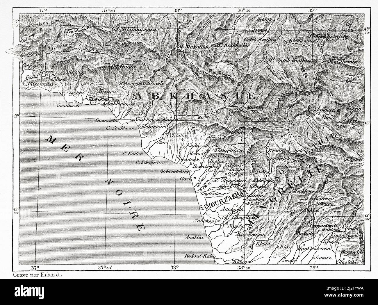 Vecchia mappa della Repubblica di Abkhazia. Mar Nero, Georgia. Escursione a Samourzakan e Abkhazia di Carla Serena, 1881. Le Tour du Monde 1882 Foto Stock
