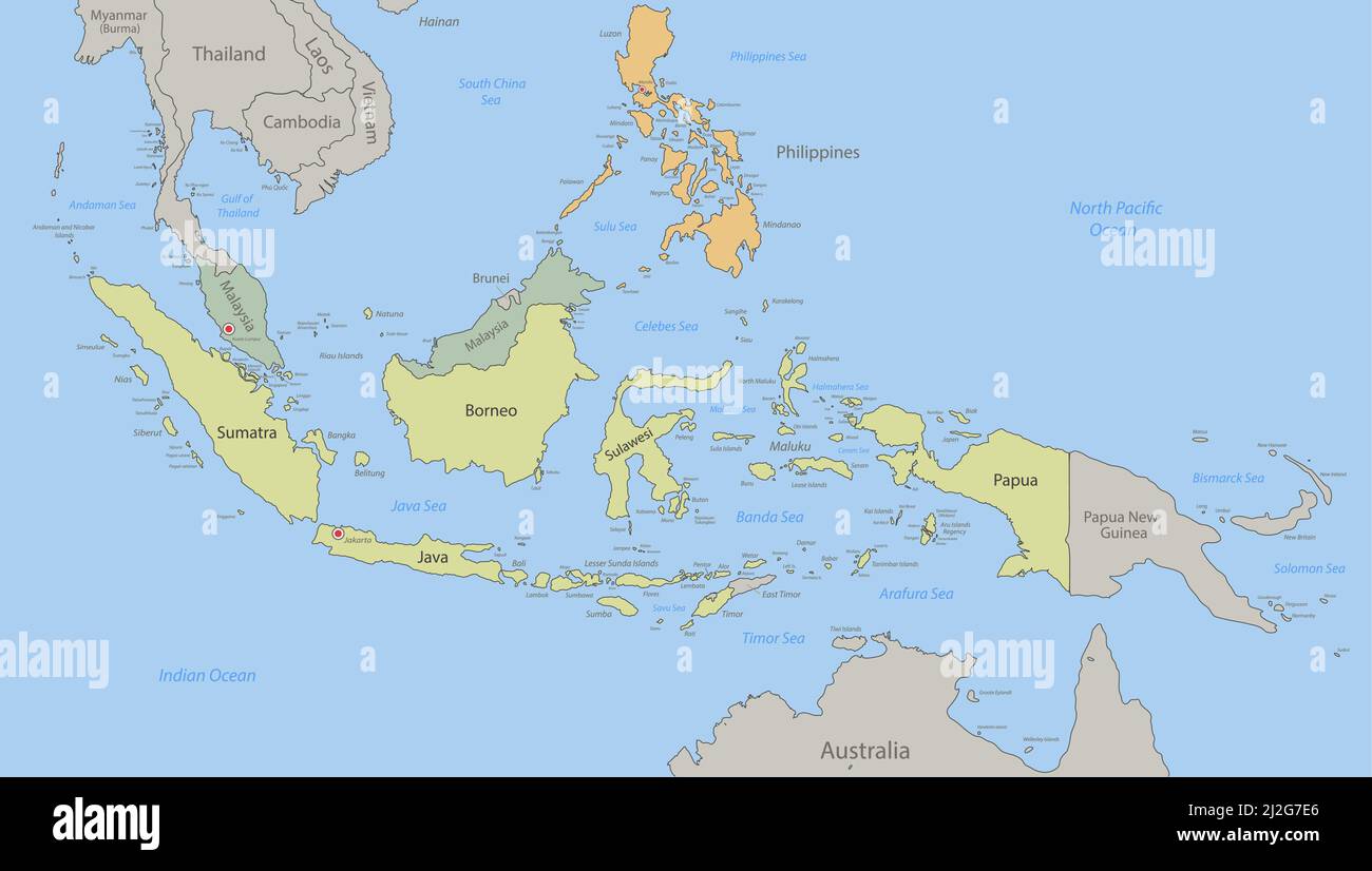 Indonesia, Malesia, Filippine mappa e isole colore classico, singoli stati e città con nomi vettore Illustrazione Vettoriale