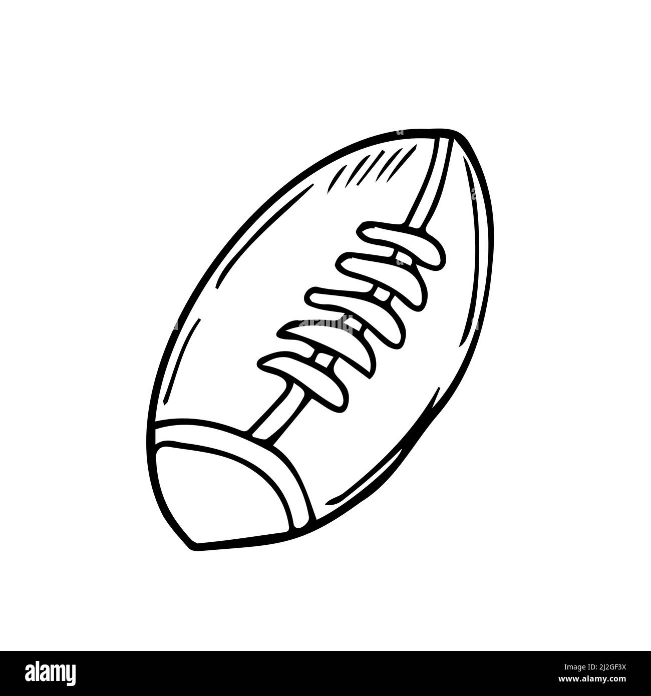 Rugby palla disegnata a mano profilo icona scarabocchio. Attrezzatura di rugby, sport di squadra, concetto di stile di vita sano. Illustrazione dello schizzo vettoriale. Illustrazione Vettoriale