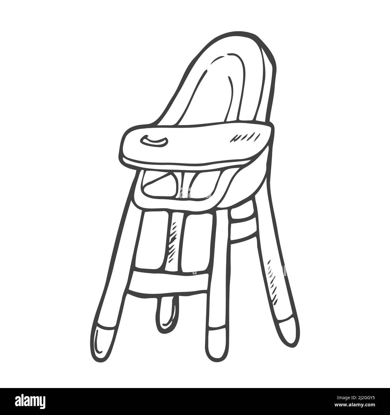 Seggiolone per bambini decorato con puntini di polka in stile doodle. Contorno isolato. Illustrazione vettoriale disegnata a mano con inchiostro nero su sfondo bianco. Illustrazione Vettoriale