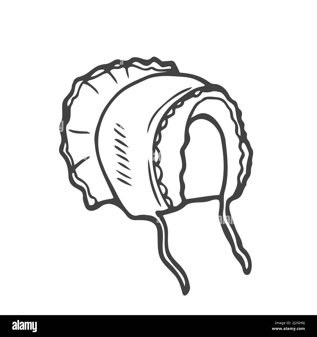 Cofano per bambini per un neonato. Versato su sfondo bianco, cappello per ragazza con nastri in stile doodle Illustrazione Vettoriale