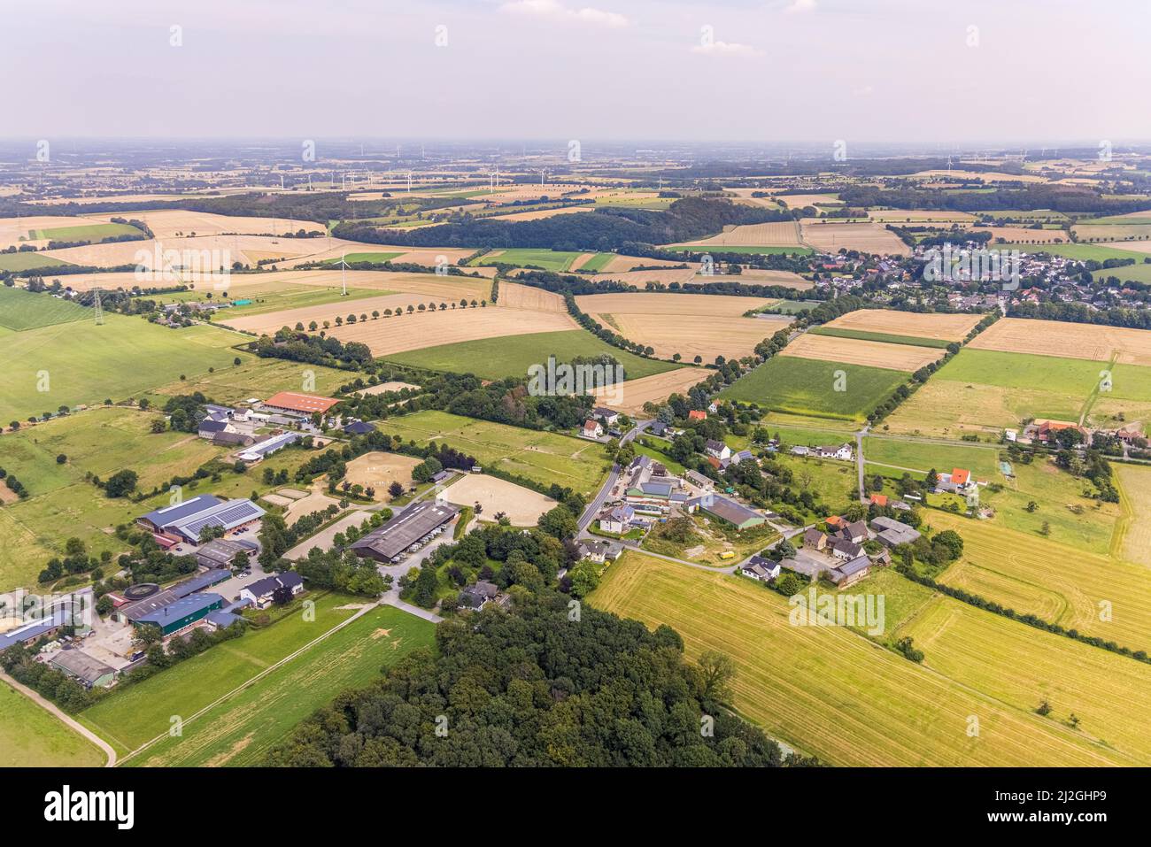 Veduta aerea, fattoria Plaas-Beisemann con equitazione e allevamento e maneggio fattoria nel distretto Landwehr, Srickherdicke, Fröndenberg Foto Stock